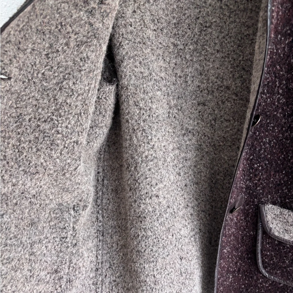 Vintage Made In Japan Women's Brown Wool Leather Trim Coat L - Picture 8 of 9